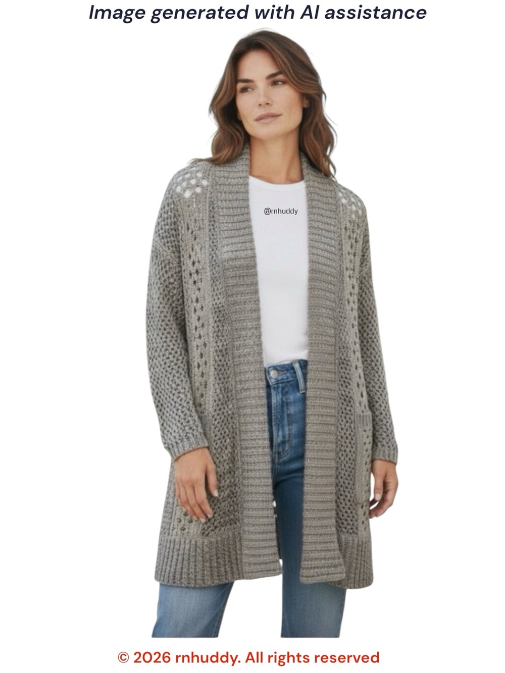 Chicos L tan/cream/brown open crochet knit cardigan duster